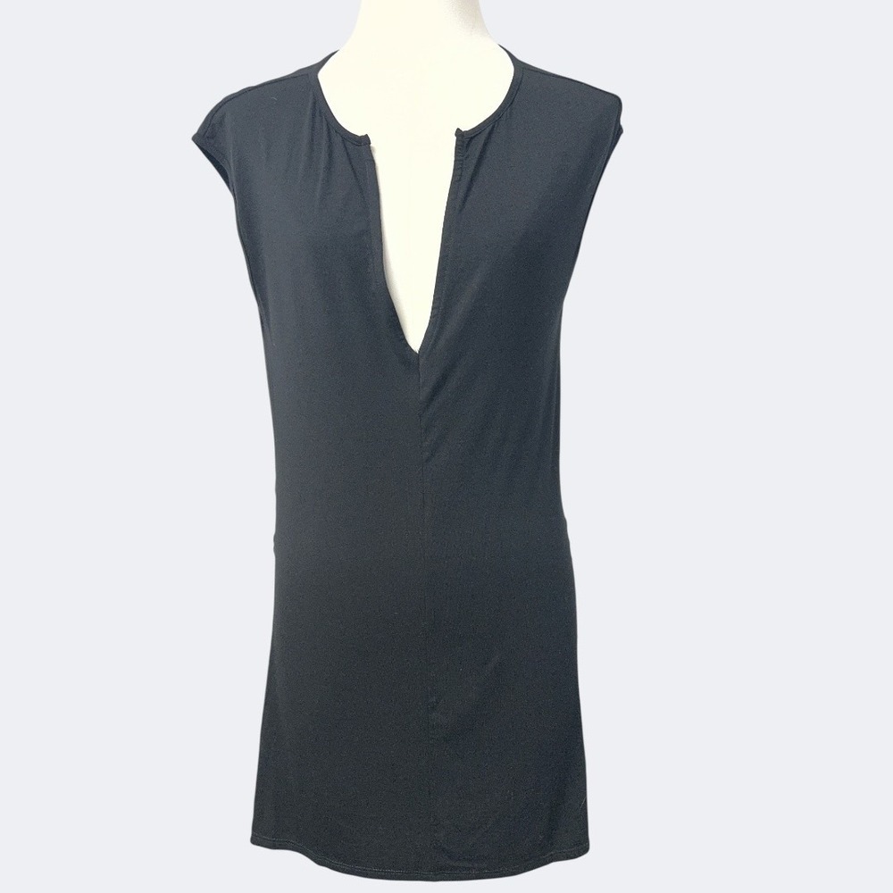 Krisa Dress Womens XS Black Sleeveless Deep V Ruched Jersey Sheath Mini USA‎